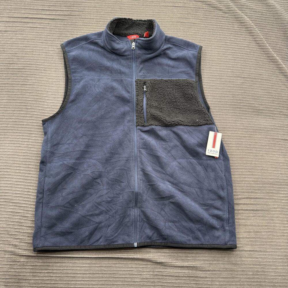 IZOD Polar Fleece Vest Mens XL Midnight Blue Performance Zip Pocket‎ Sherpa Trim